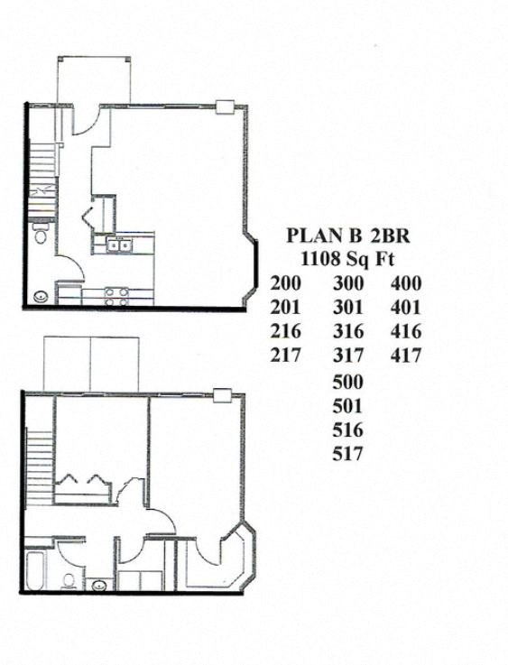 Floor plan for 2 beds, 1.5 baths, 1108 sqft